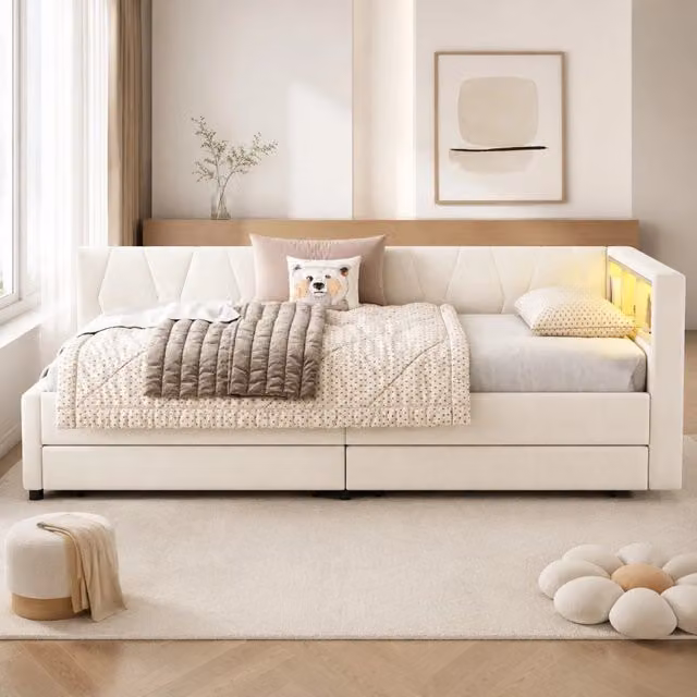 Divano letto Daybed 90x200 cm in lino; LED; USB-C; 2 cassetti; beige