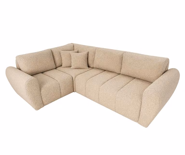 Divano angolare Sofello, lusso, con meccanismo letto e contenitore, 240x180 cm – Divano moderno in tessuto bouclé beige, divano letto con spazio contenitivo