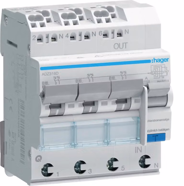 Interruttore Hager FI-LS 3X 1P+N 6kA B-16A 30mA tipo A QuickConnect, 1 pz.