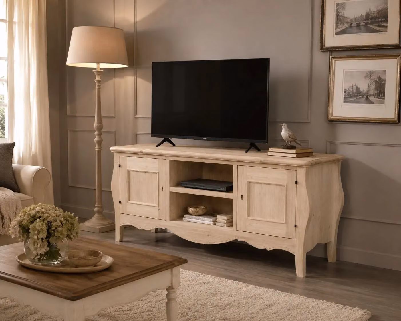 Porta TV classico bombato in legno grezzo con 2 porte Mobili 2G L: 160 cm, P: 50 cm, H: 61 cm – 2