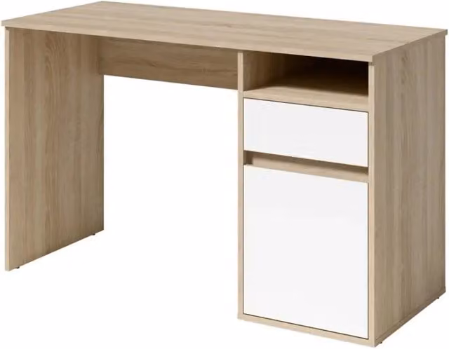 Scrivania BILOU in rovere e bianco - 1 cassetto, 1 porta e 2 nicchie - Design bicolore e spazi di stoccaggio pratici