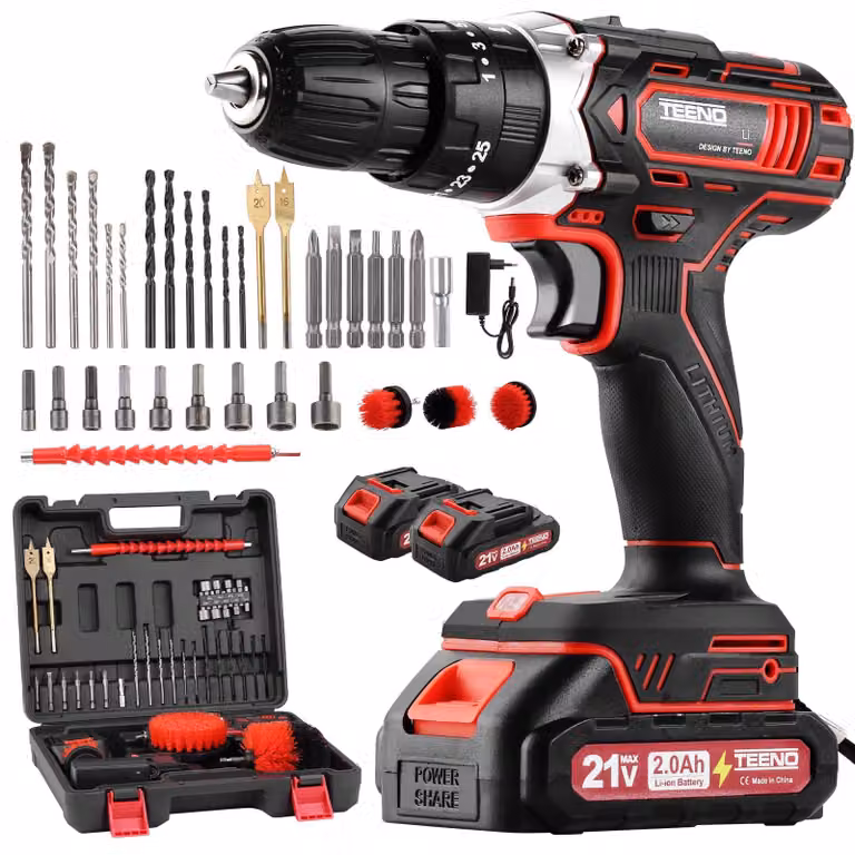 Trapano avvitatore a batteria, 21 V, 2 batterie da 2,0 Ah, coppia massima di 45 Nm, senza fili