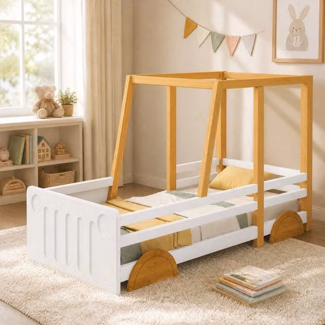 Letto per bambini a forma di auto REDOM in legno e MDF, Bianco e Beige, 90x200 cm