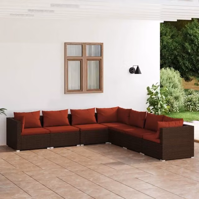 Set Divani da Giardino 7 pz con Cuscini in Polyrattan Marrone 3101747