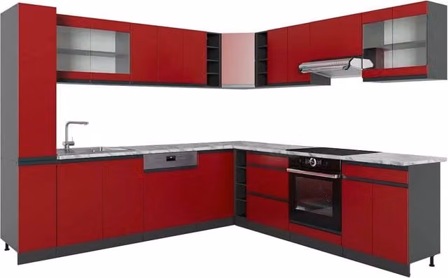Cucina angolare moderna Vicco R-Line J-Shape in legno Rosso e Antracite con piano in marmo, L/P: 277 x 257 cm