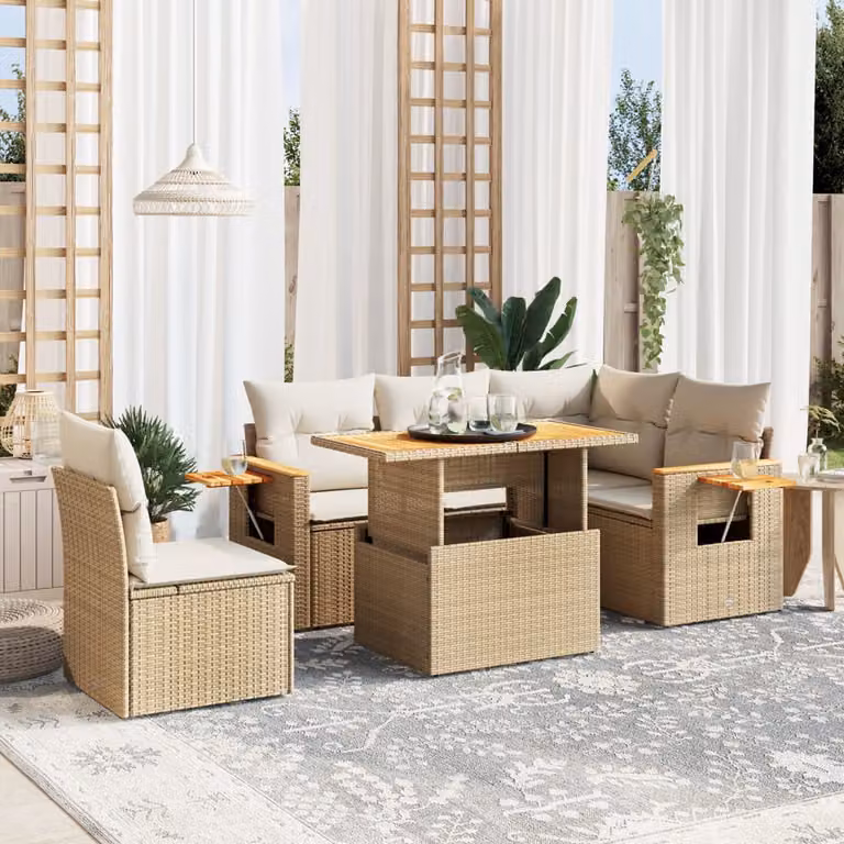 vidaXL Set Divano da Giardino 6 pz a L con Tavolino in Polyrattan e Cuscini Beige