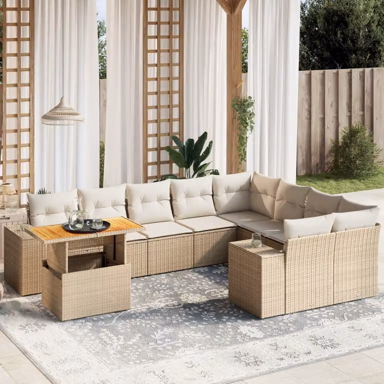Set Divano da Giardino vidaXL 10 pz in Polyrattan con Cuscini Beige e Tavolino, Struttura in Acciaio e Legno di Acacia