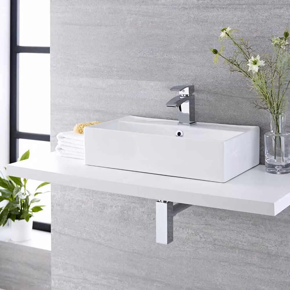 Lavabo Moderno da Appoggio Bianco - 550mm x 310mm con Anello di Troppopieno Beige (Sand) - Halwell