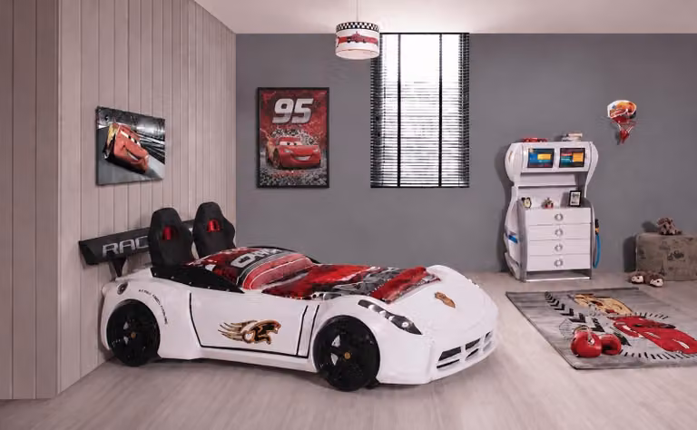 Letto a forma di auto da corsa, design sportivo, colore bianco, illuminazione a LED