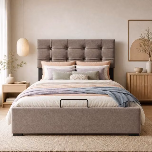 Letto matrimoniale imbottito 140x200 cm con rete metallica e materasso a molle, testata regolabile, struttura in velluto grigio chiaro con contenitore idraulico