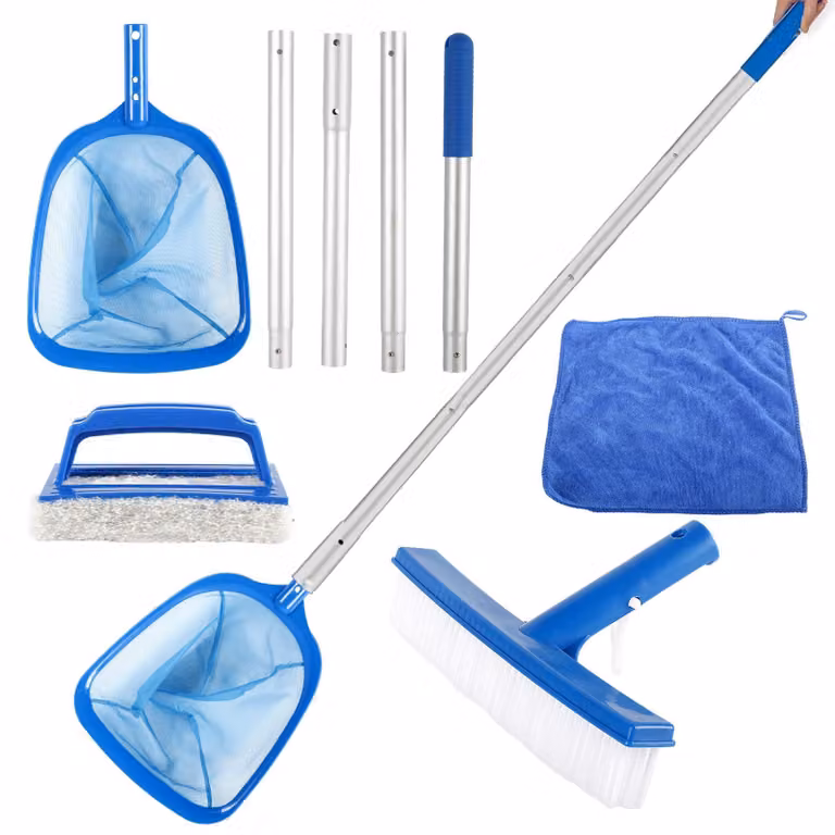 Kit per la pulizia della piscina, completo di manico telescopico (146 cm), spazzola per piscina e panno per la pulizia, ideale per piscine e stagni