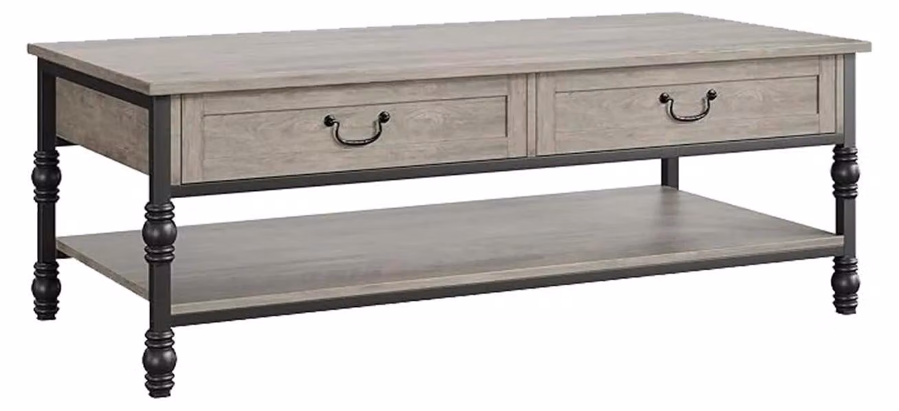 Tavolino in legno - Tavolino da salotto rettangolare da 104 cm - 2 cassetti - Ripiano - Stile rustico country - Grigio