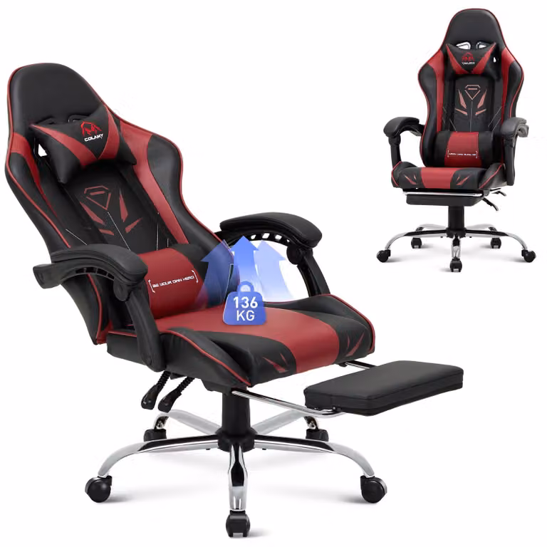 Sedia da gaming con poggiapiedi, regolabile in altezza, ergonomica, di colore rosso