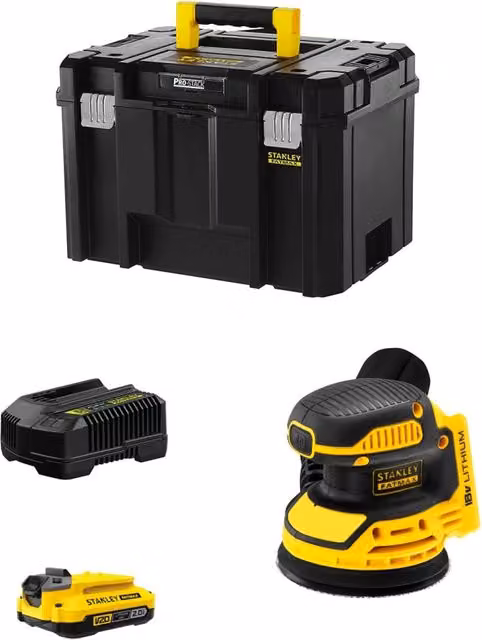 Levigatrice Roto-orbitale Stanley FatMax SFMCW220D1T Gialla con Batteria da 2,0 Ah, Caricabatteria e Valigetta TSTAK VI