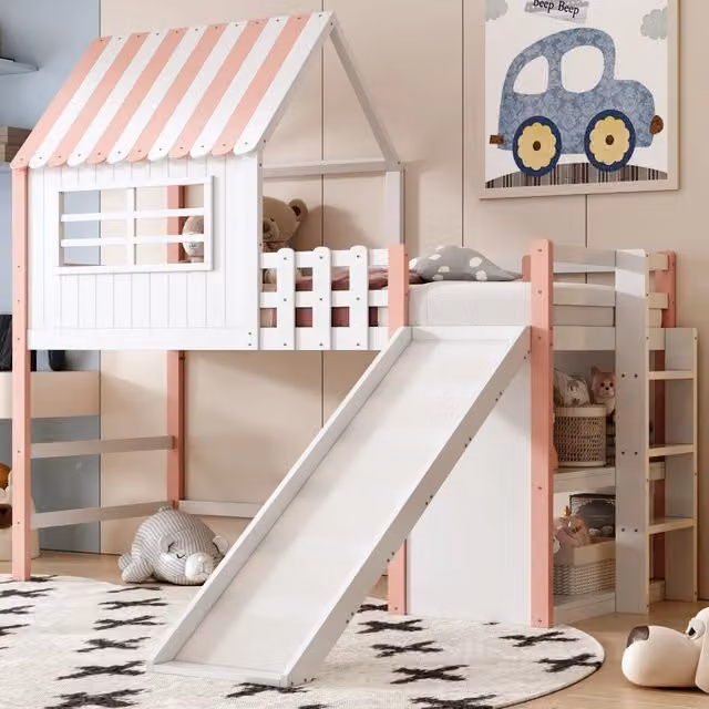 Letto a soppalco singolo per bambini REDOM con scivolo e scala, rosa, in legno di pino e MDF, L/P/H: 200 x 90 x 219 cm – 1