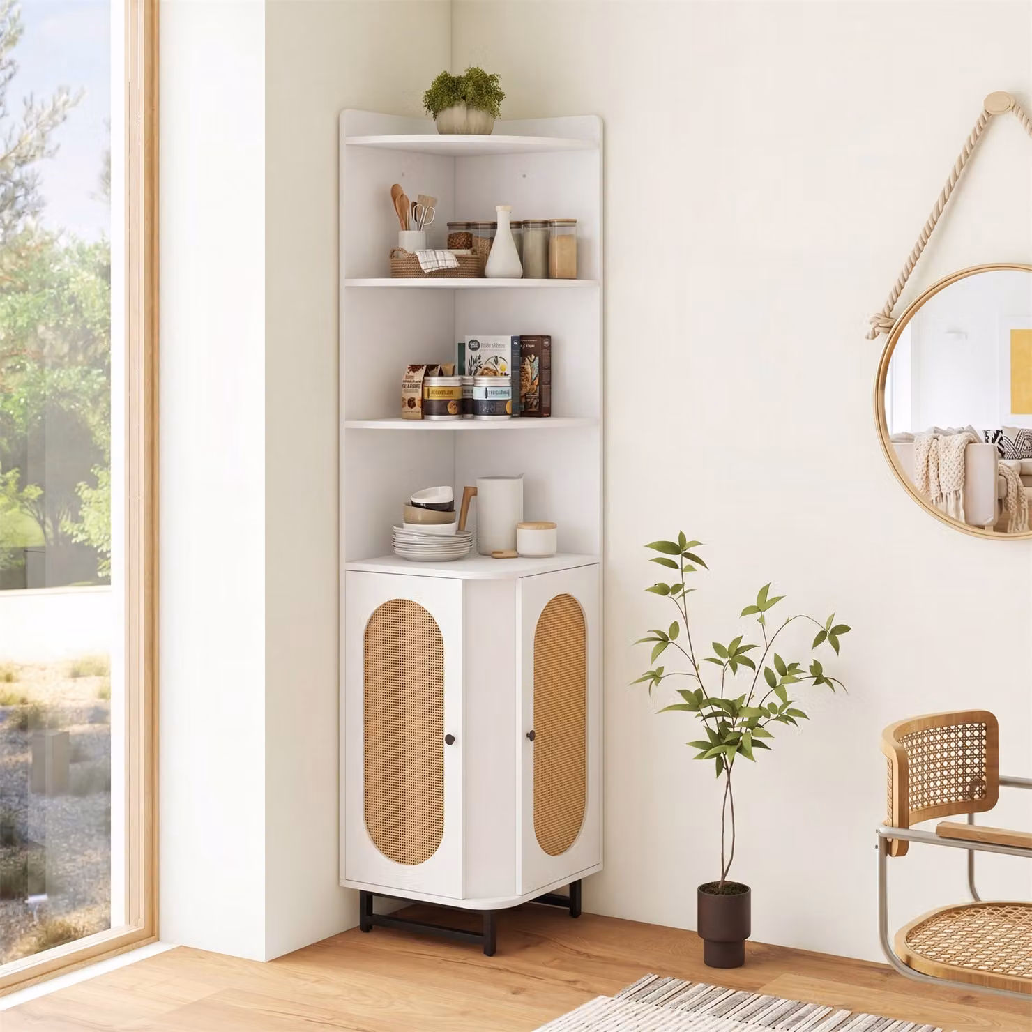 Armadio angolare Costway in rattan e plastica con 2 porte e 4 scomparti aperti, libreria moderna per bagno o soggiorno, Bianco, Altezza: 172 cm