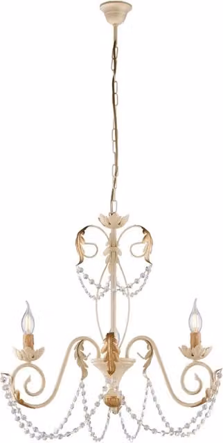 Lampadario Shabby Chic Damasco BELIGHT con 3 Luci in Metallo Bianco e Oro con Cristalli Trasparenti e Altezza Regolabile