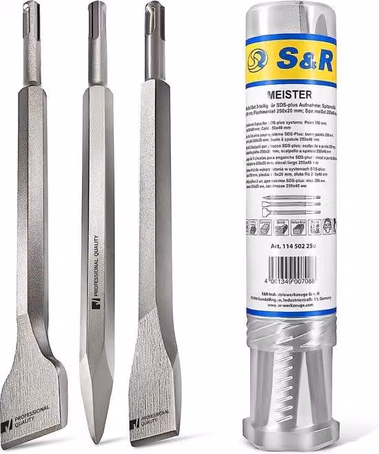 Set di scalpelli professionali Unyqoos®, 3 pezzi, sistema SDS-plus – utilizzo universale, acciaio trattato termicamente, 250 mm (lama piatta 20 mm / lama a pala 40 mm / punta 20 mm)