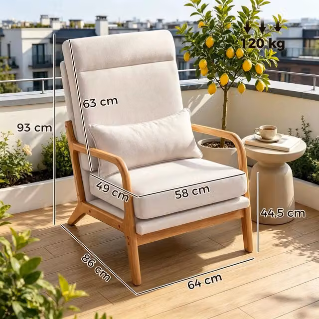Fauteuil da salotto con schienale alto e cuscino lombare in tessuto effetto lino crema 64 × 86 × 93 cm