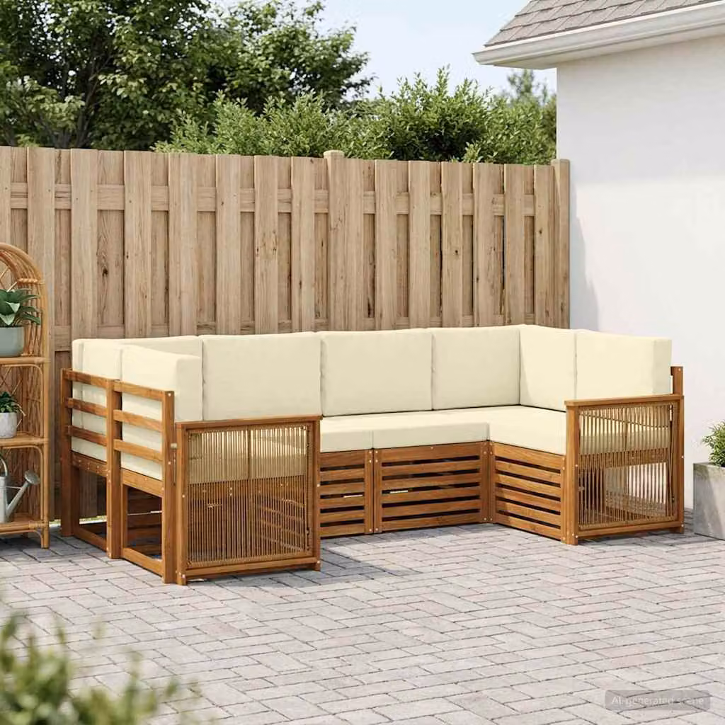 Set di divani da esterno vidaXL a forma di L composto da 5 pezzi in legno di acacia con cuscini in tessuto beige e bianco