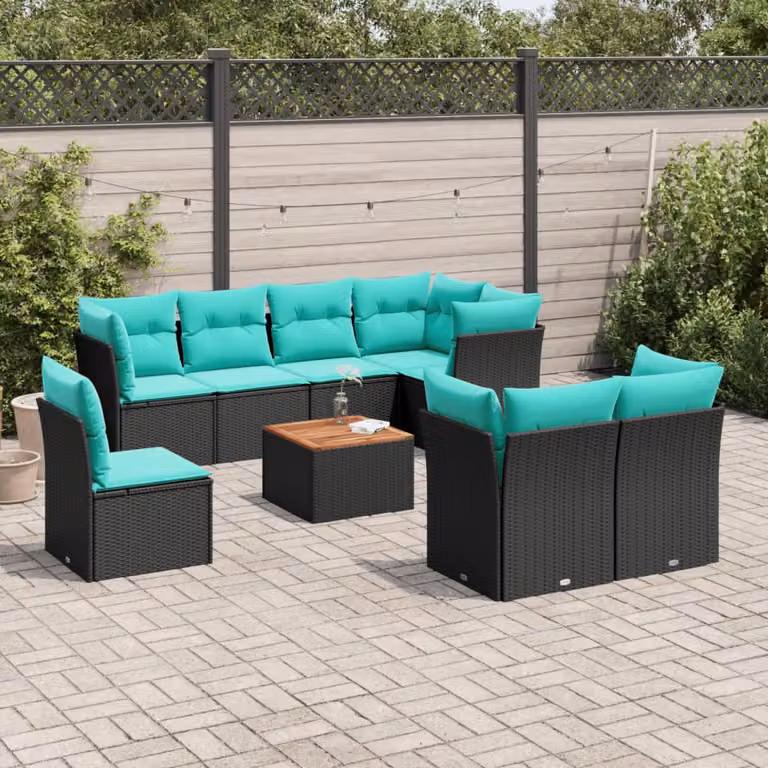 Set di divani da giardino vidaXL in polyrattan nero con cuscini e tavolino da esterno