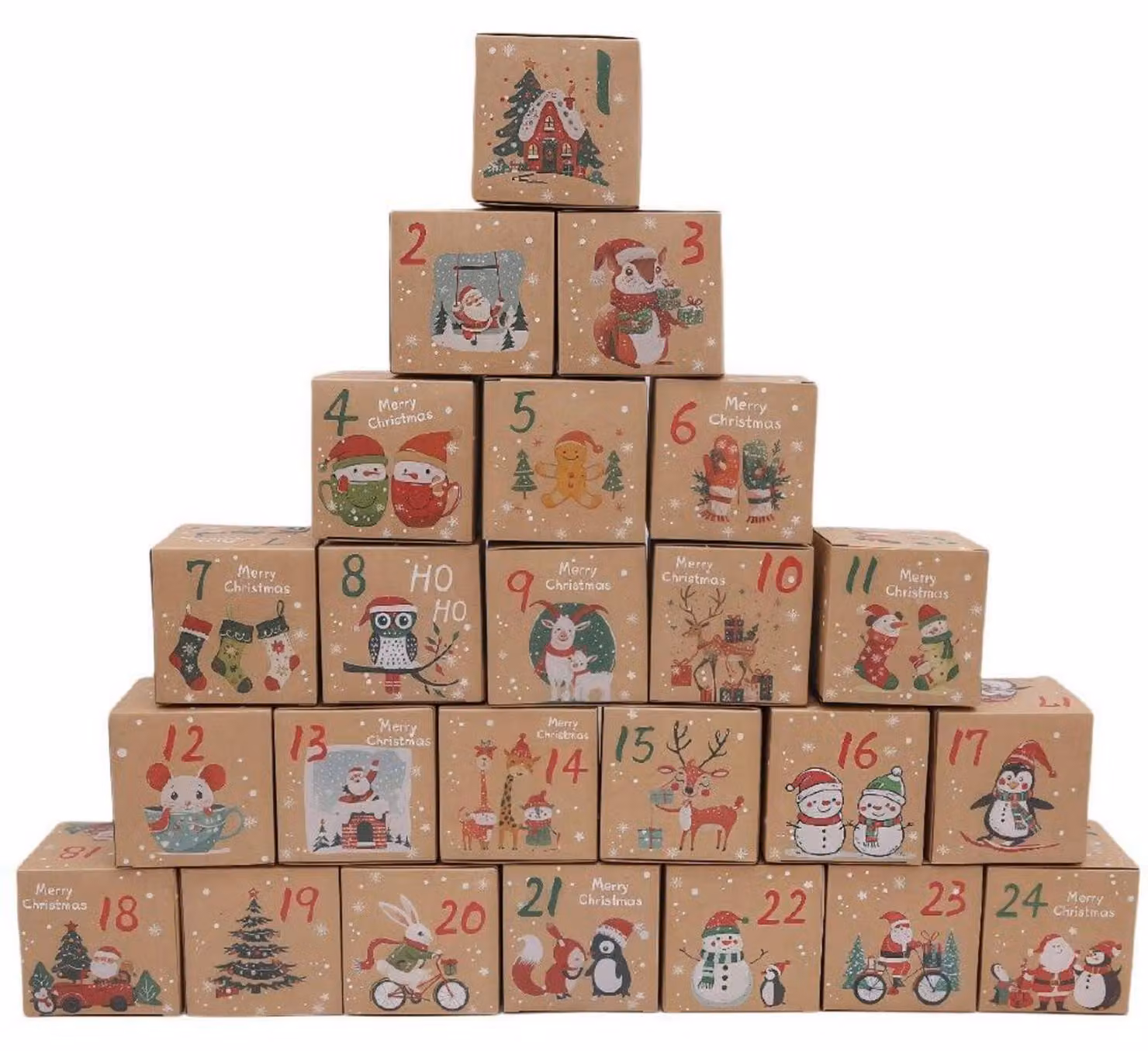 Calendario dell'Avvento da riempire, con 24 scatoline, motivi natalizi, dimensioni 7x7x7 cm, colore beige