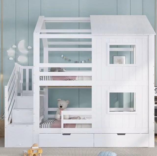 Letto a castello per bambini 90x200 cm con scala contenitore; cassetto su ruote; legno massello e MDF bianco