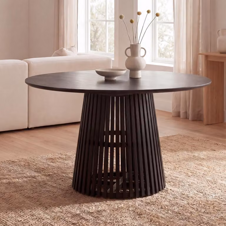 FineBuy tavolo da pranzo rotondo Ø 120 cm in legno massiccio di mango nero - tavolo moderno in legno con struttura a traliccio, tavolo da pranzo di design per 4 persone, tavolo da cucina massiccio