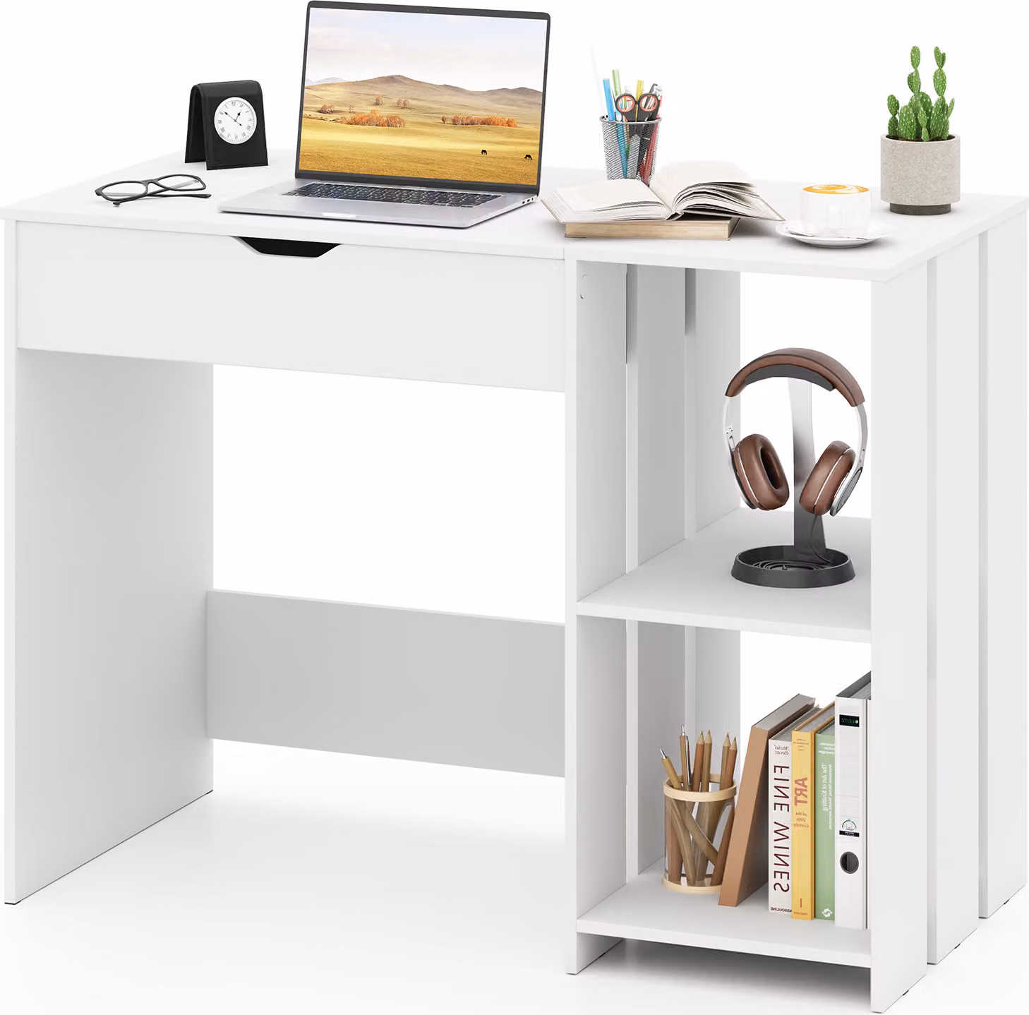 Scrivania per computer COSTWAY con piano sollevabile, scrivania moderna per ufficio con vano nascosto e 2 ripiani aperti, postazione PC bianca