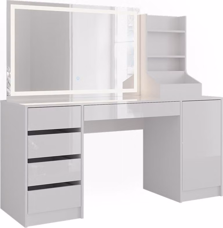 Tavolo da toeletta Vicco Sherry Bianco/Bianco lucido 158.2 cm con specchio a LED, Model 57670