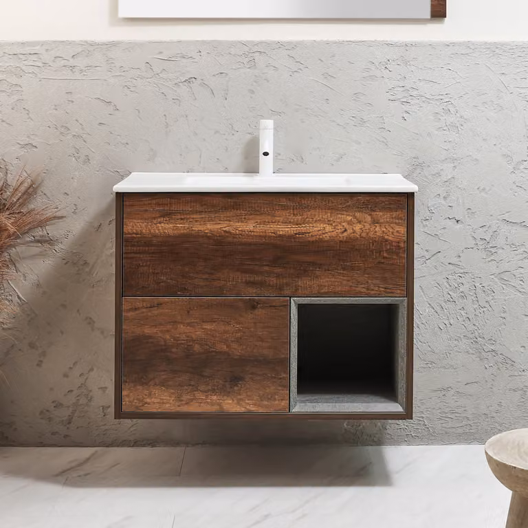 Mobile Bagno Sospeso con Ripiano Aperto in Rovere Scuro da 812mm con Lavabo Bianco (Chalk) - Hoxton