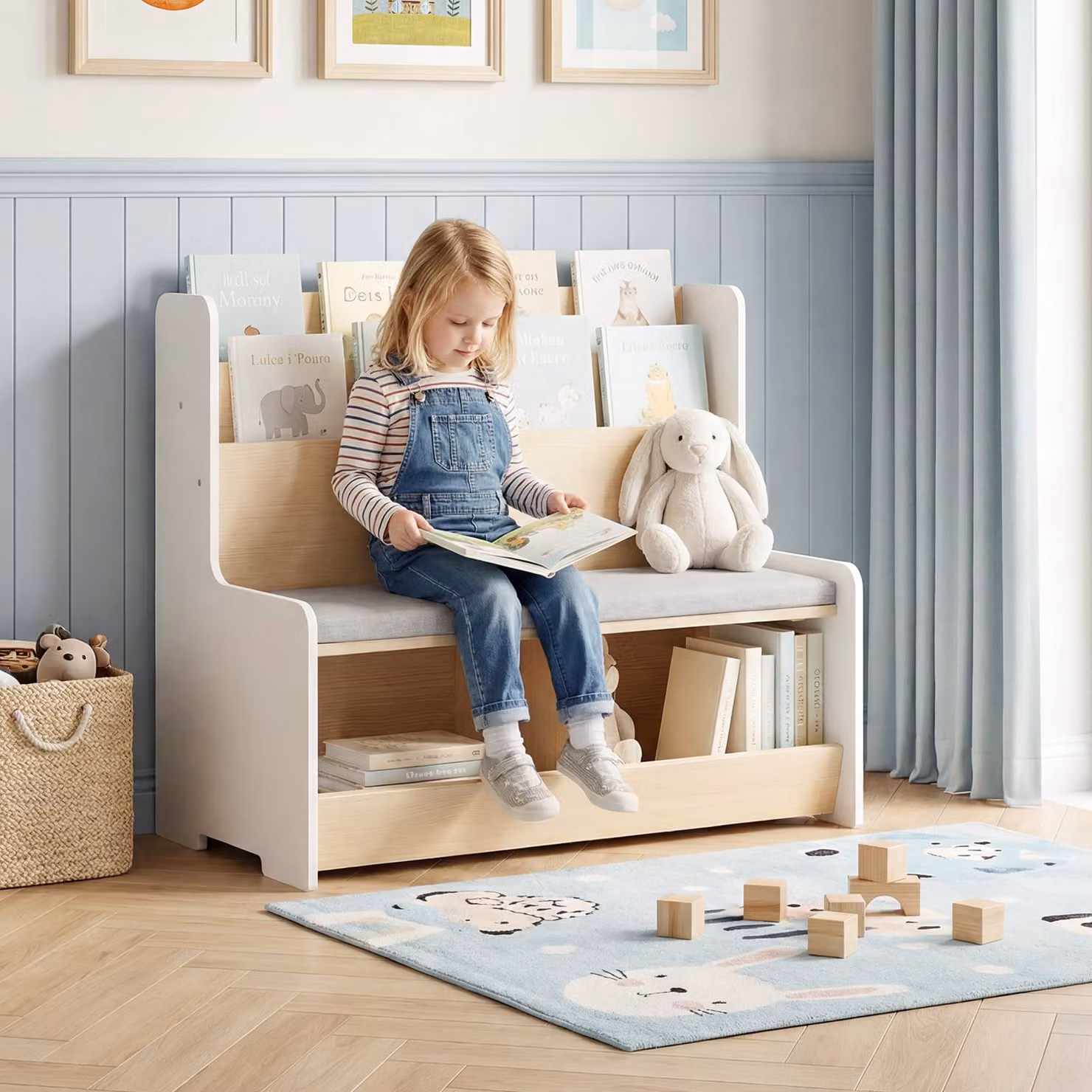 Panca portagiochi Costway a due posti con portariviste e cuscino rimovibile per bambini, Bianco