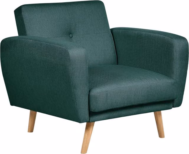Poltrona relax reclinabile BELIANI in tessuto verde con gambe in legno e braccioli per soggiorno moderno e minimalista