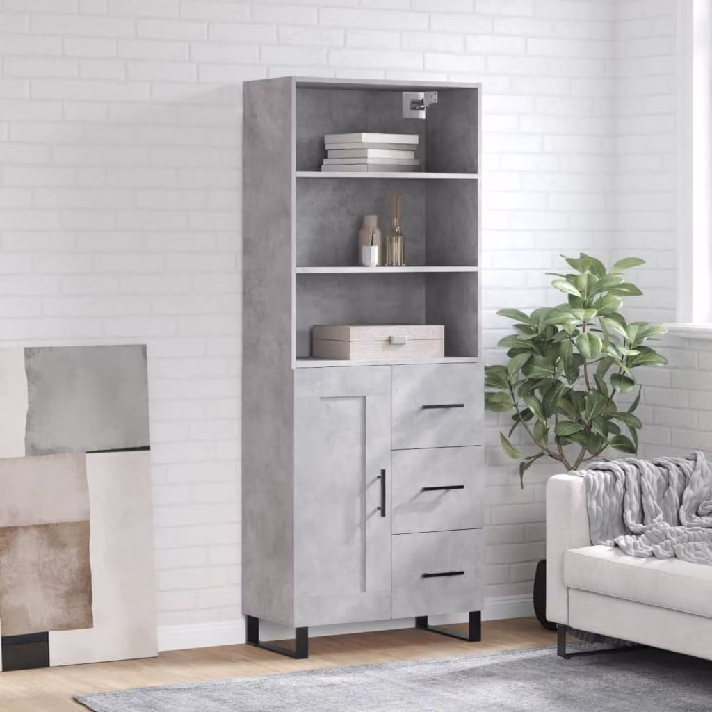 Credenza moderna vidaXL in legno multistrato e metallo, colore grigio cemento, L: 69,5 cm, P: 34 cm, H: 180 cm