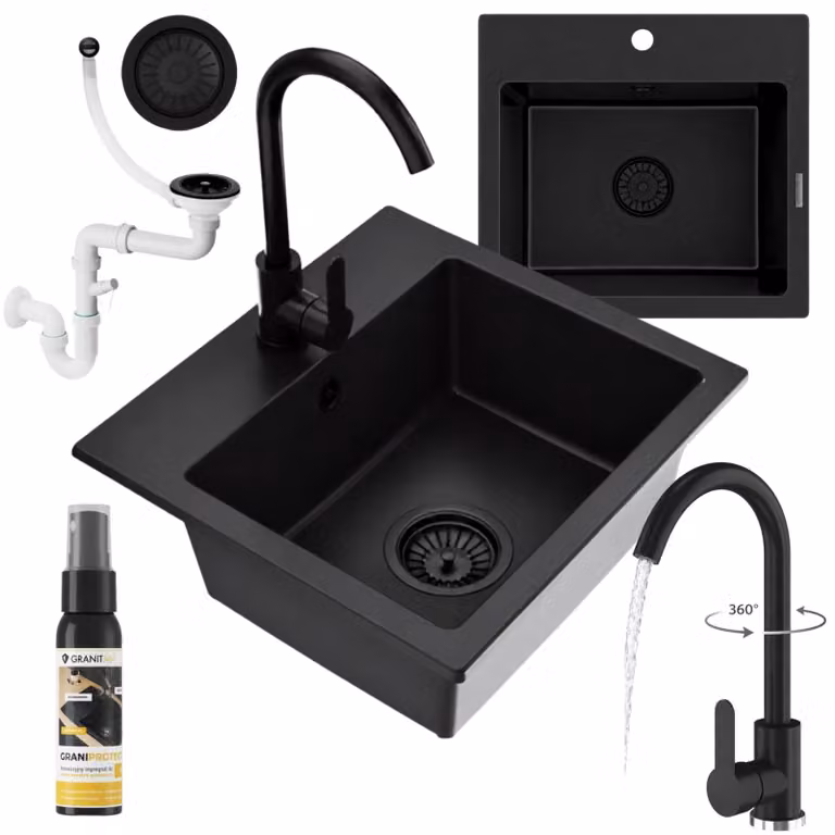 Granitan - Lavello in granito - Lavandino 44,5x41,5 cm - Lavello nero - con miscelatore - TEOR