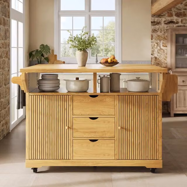 Carrello da cucina con 3 cassetti, ripiani regolabili e piani laterali ribaltabili, in MDF marrone naturale