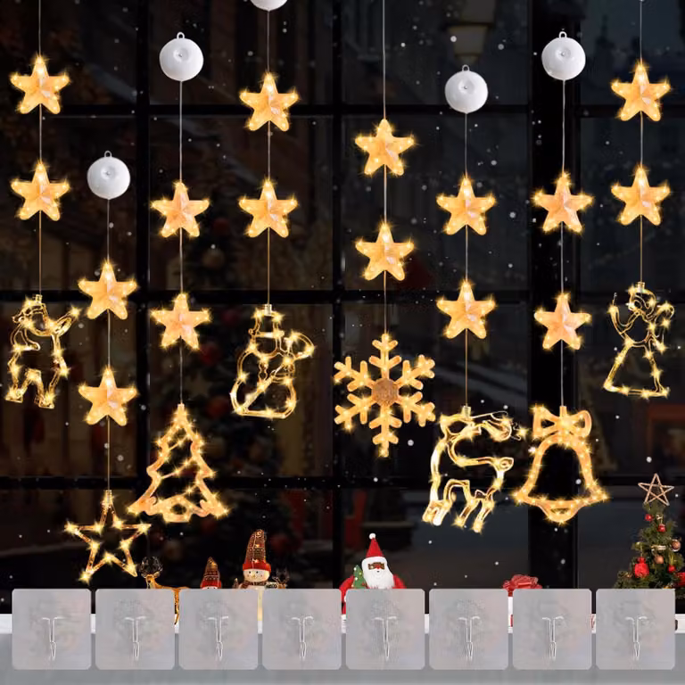 8 luci natalizie a LED per finestre, luce bianco caldo, alimentate a batteria, con timer