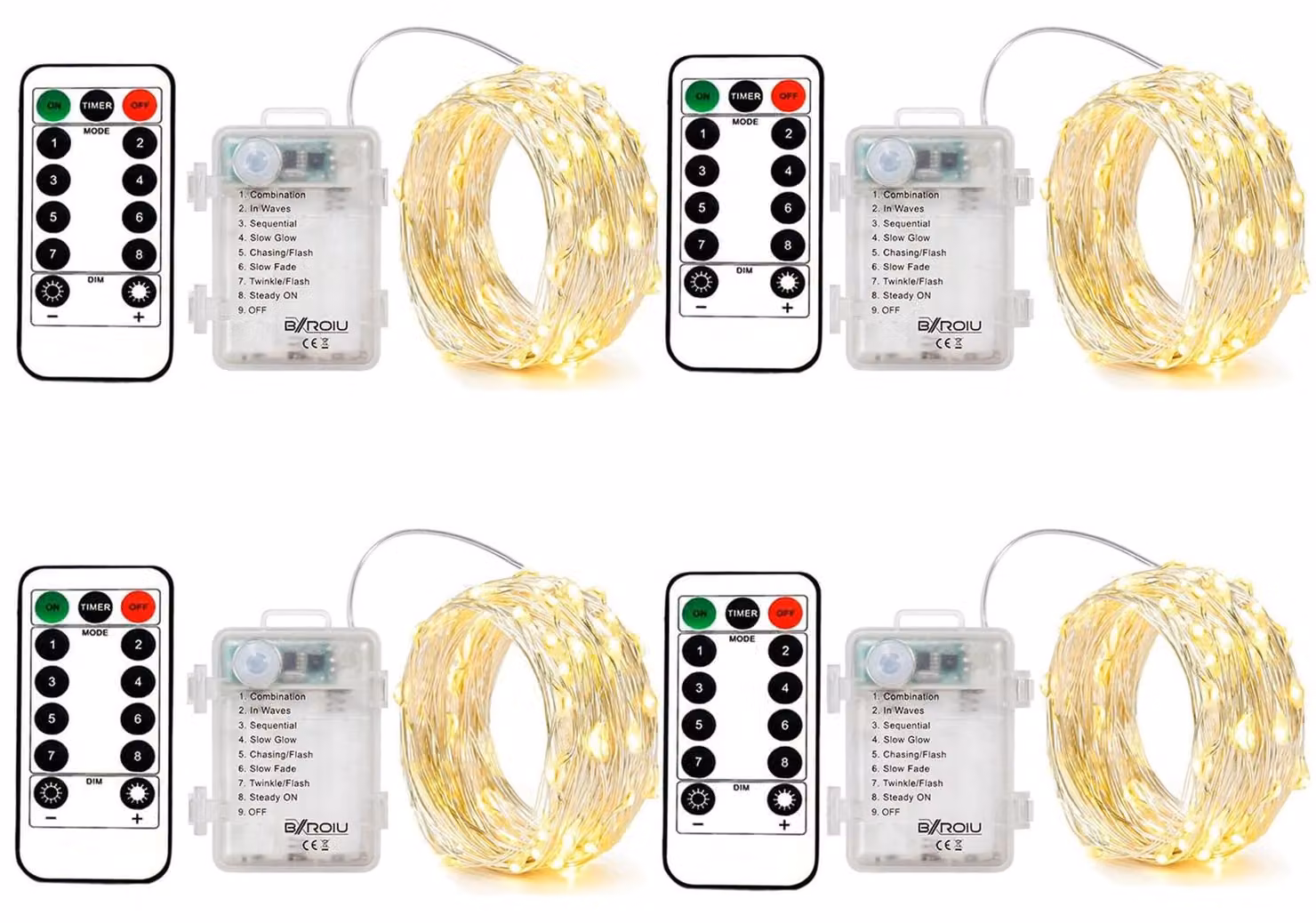 Set di 4 catene luminose, lunghezza 5 metri, 50 LED, alimentate a batteria, con telecomando