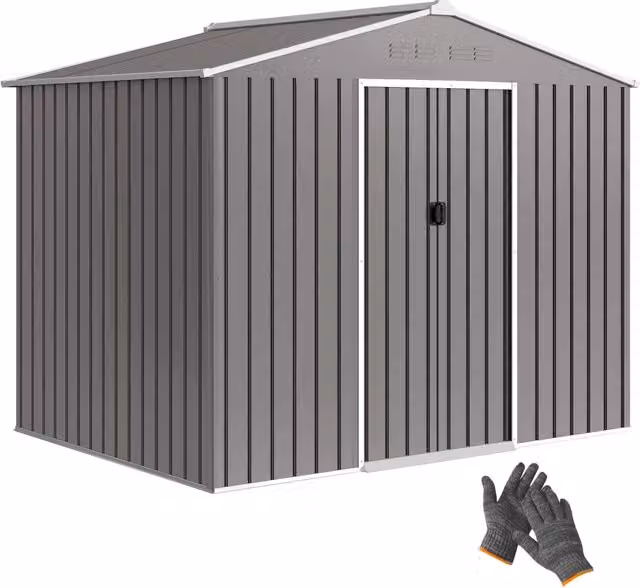 Casetta da Giardino Moderna in Acciaio Grigio con Effetto Legno, Doppia Porta Scorrevole e Prese d'Aria, L: 2.3 m, P: 1.7 m