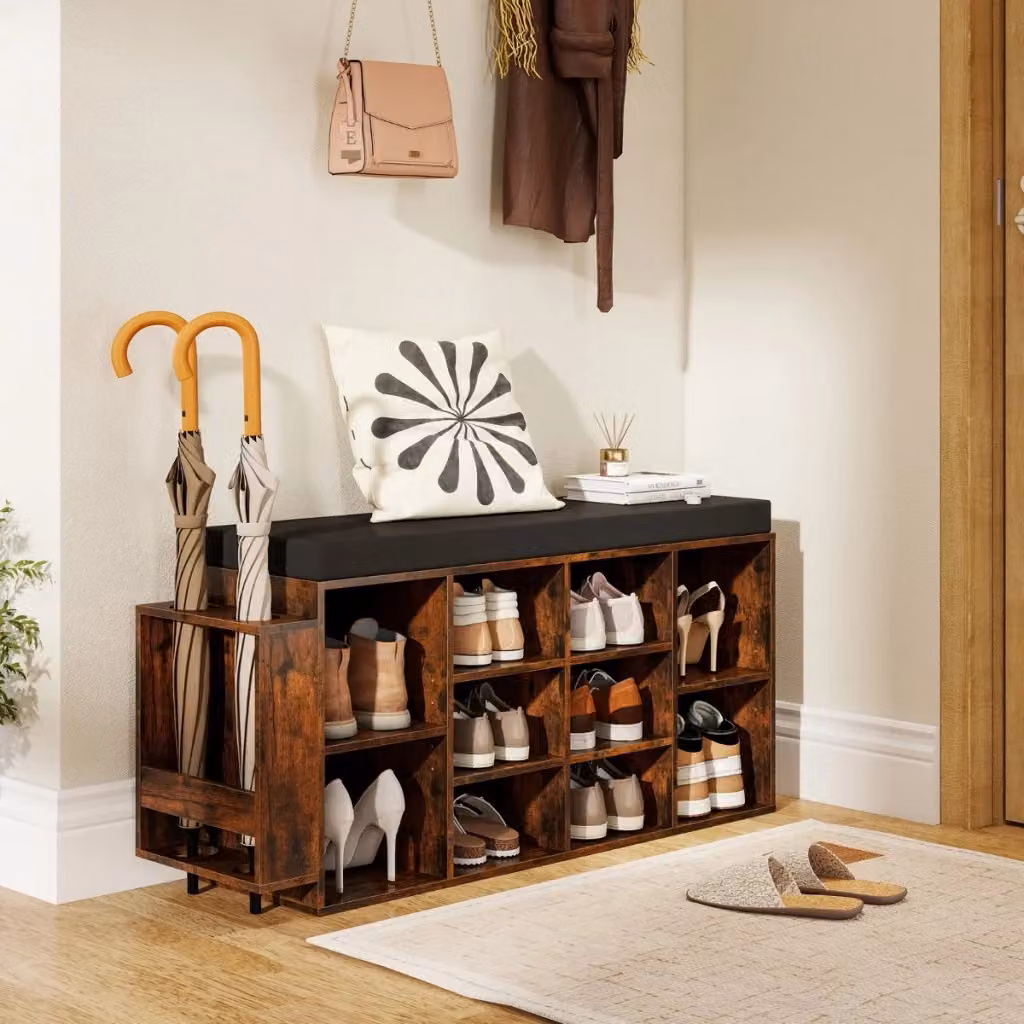 Panca scarpiera moderna DESIGN IN con seduta imbottita in tessuto e struttura in legno marrone – 2