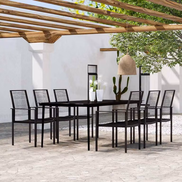 Set da pranzo da giardino vidaXL in acciaio nero e vetro, 7 pezzi