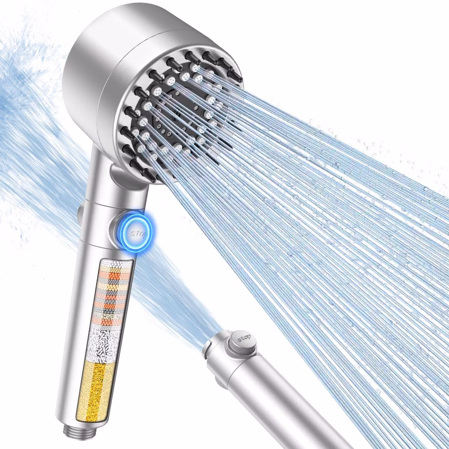 Solidchoice - Doccia a mano con filtro a 15 strati e alta pressione, finitura argento lucido