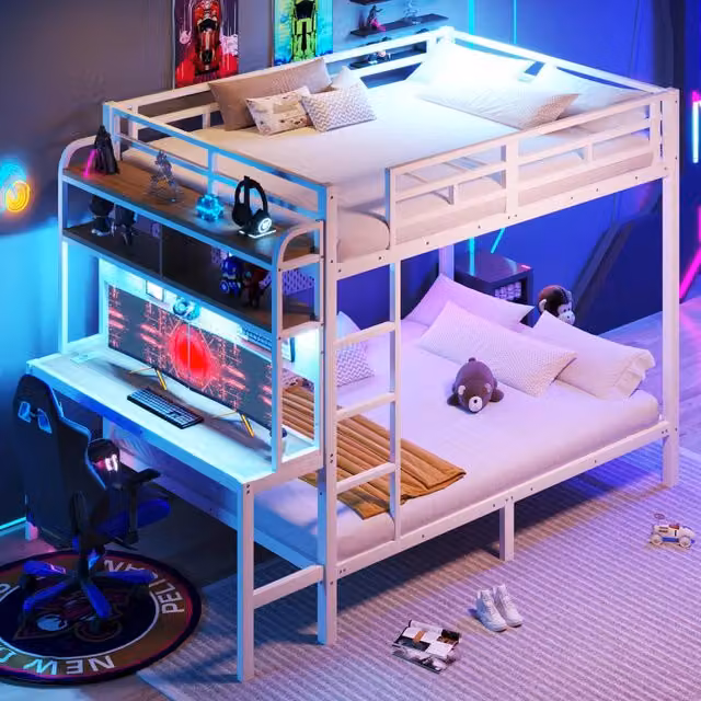 Letto a soppalco a 2 posti 140 × 200 cm con scrivania, ripiani, LED regolabile e USB, senza materasso, bianco