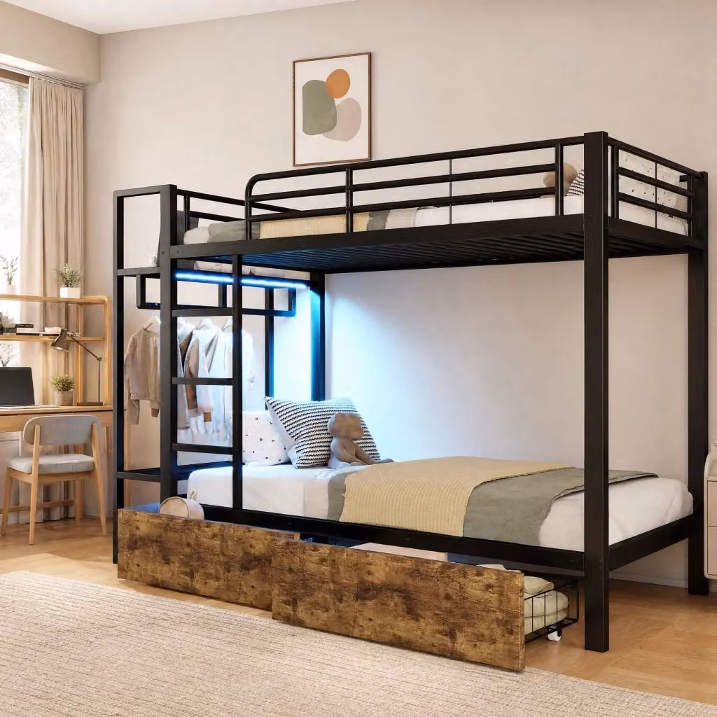 Letto a castello Mivray nero con 2 cassetti, ripiani e illuminazione LED sottostante, struttura in metallo e MDF, L/P/H: 90 x 200 x 226,5 cm – 2