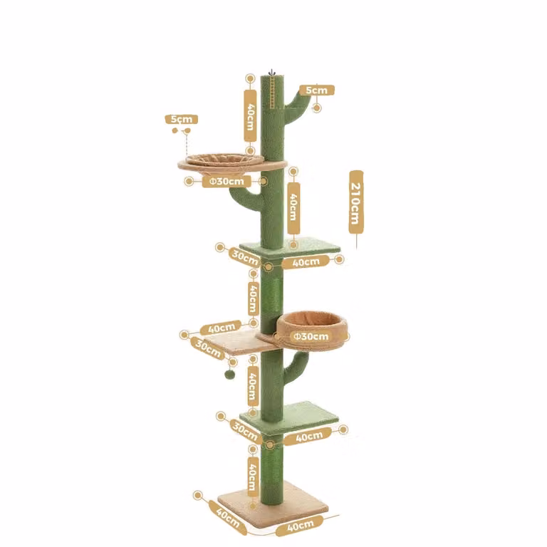 Albero per gatti, torre a 5 livelli dal pavimento al soffitto, 205-255 cm, tiragraffi in sisal, amaca, AMT0246GN, come da immagine