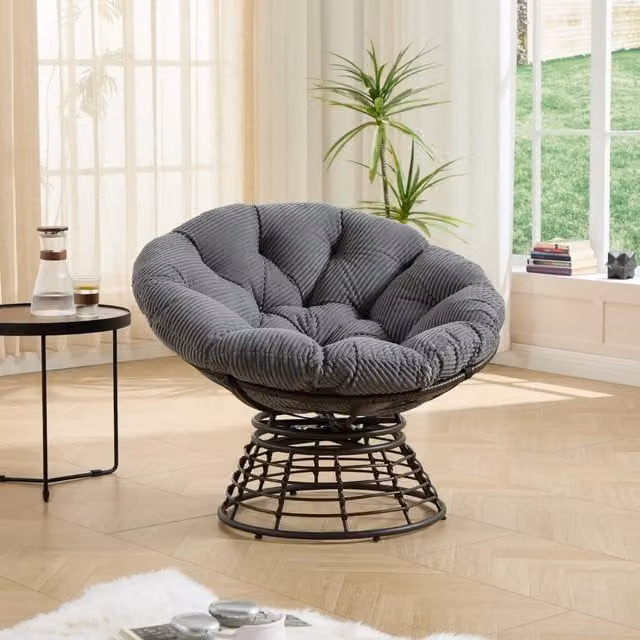 Poltrona Papasan girevole relax MINIMAL in rattan marrone con cuscino in velluto grigio