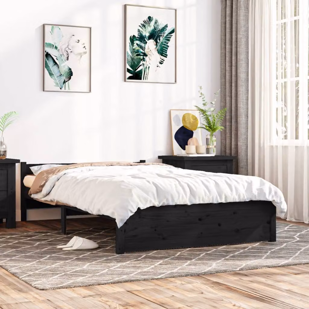 The Living Store Letto in legno massiccio nero 135x190 cm