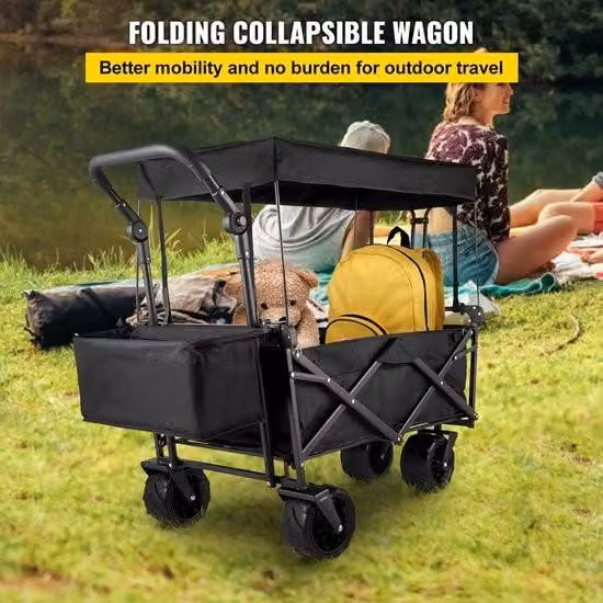 Carrello Collox - Lussuoso carrello manuale nero di grandi dimensioni - Pneumatici pieghevoli - Carrello da giardino per bambini - Carrello da spiaggia con tetto - Capacità di carico 100 kg - 100 x 55 cm
