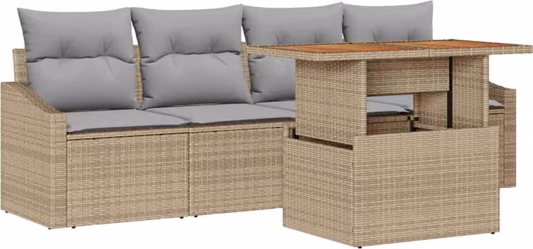 Set Divano da Giardino con cuscino 5 pcs Beige Poly Rattan