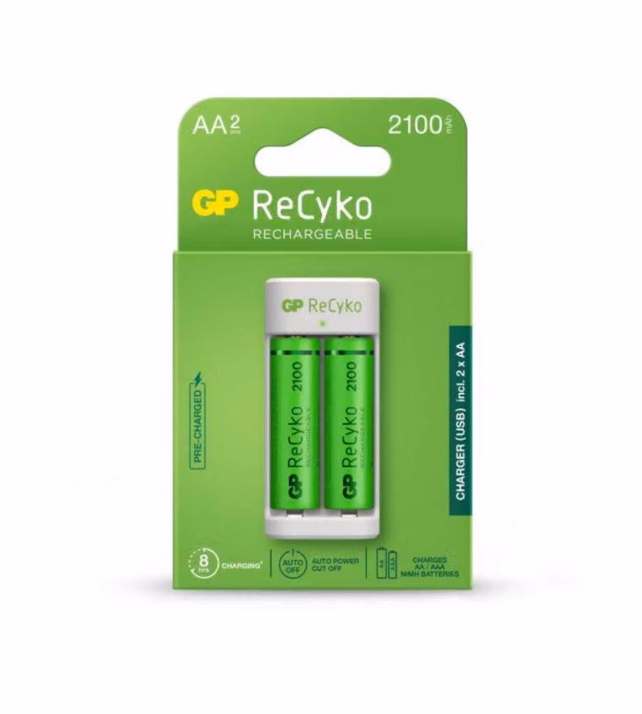 Caricabatterie USB con 2 Batterie Ricaricabili 1,5V Stilo AA 2100mAh incluse